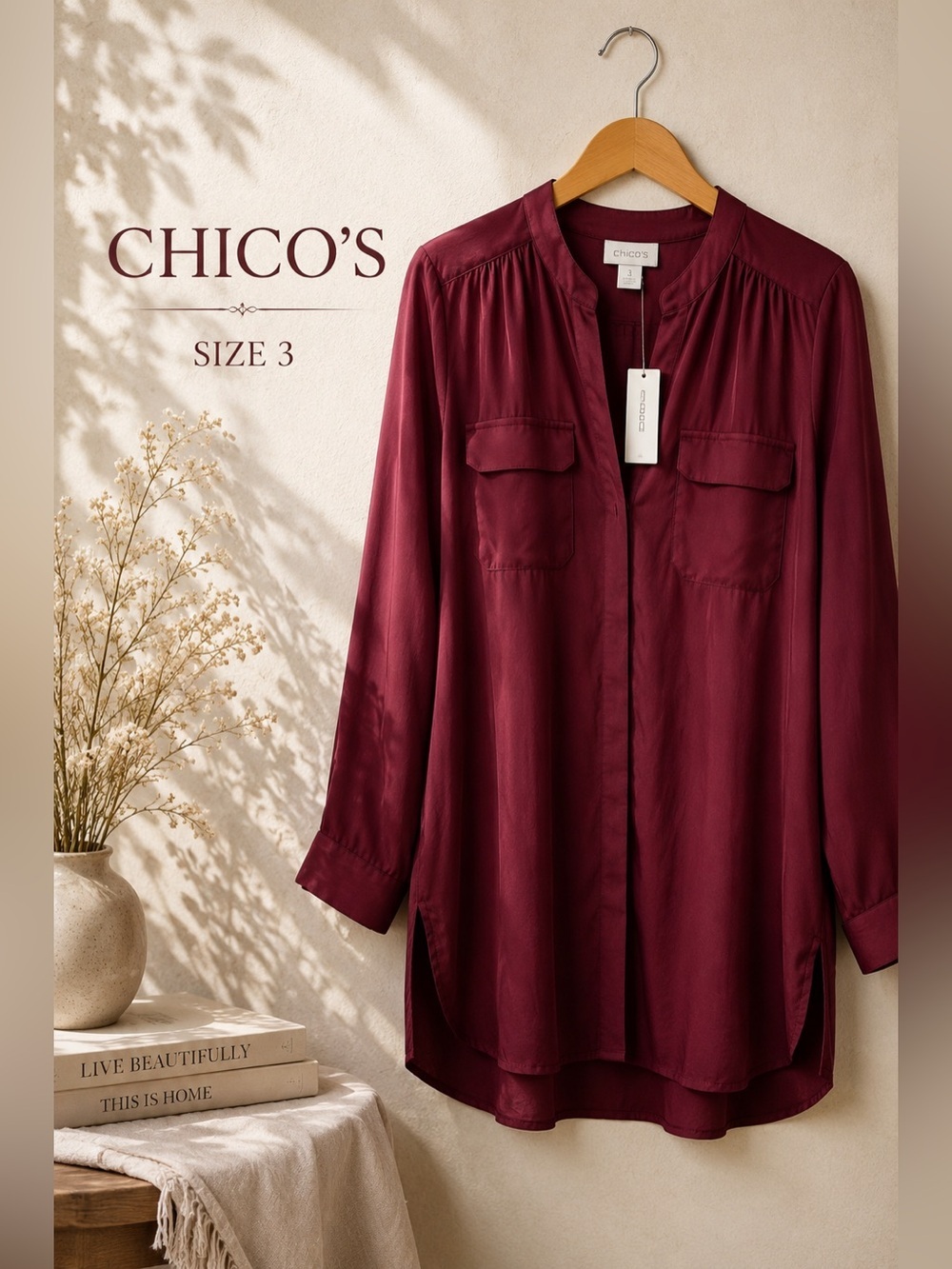 Chico's Maroon Satin Tunic Blouse Size 3 NWT